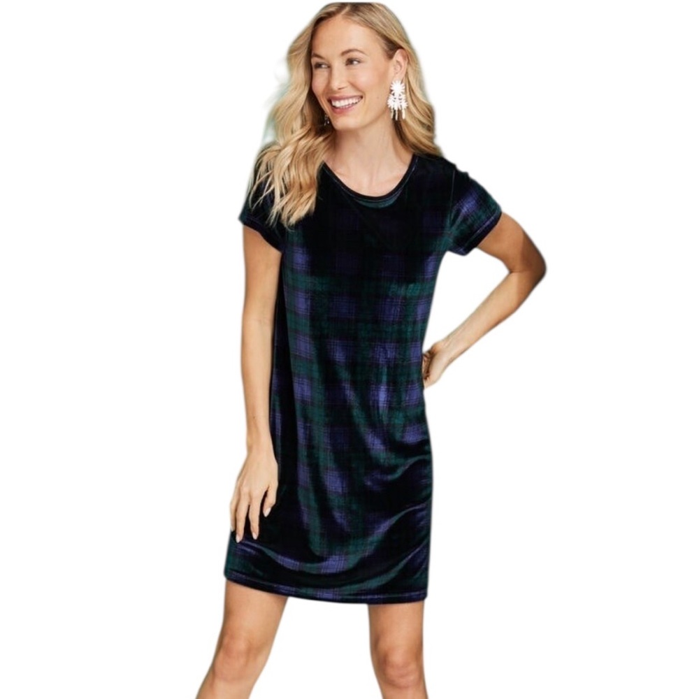Vineyard Vines Blackwatch Velvet Madaket T-Shirt Dress Blue Green Plaid Small